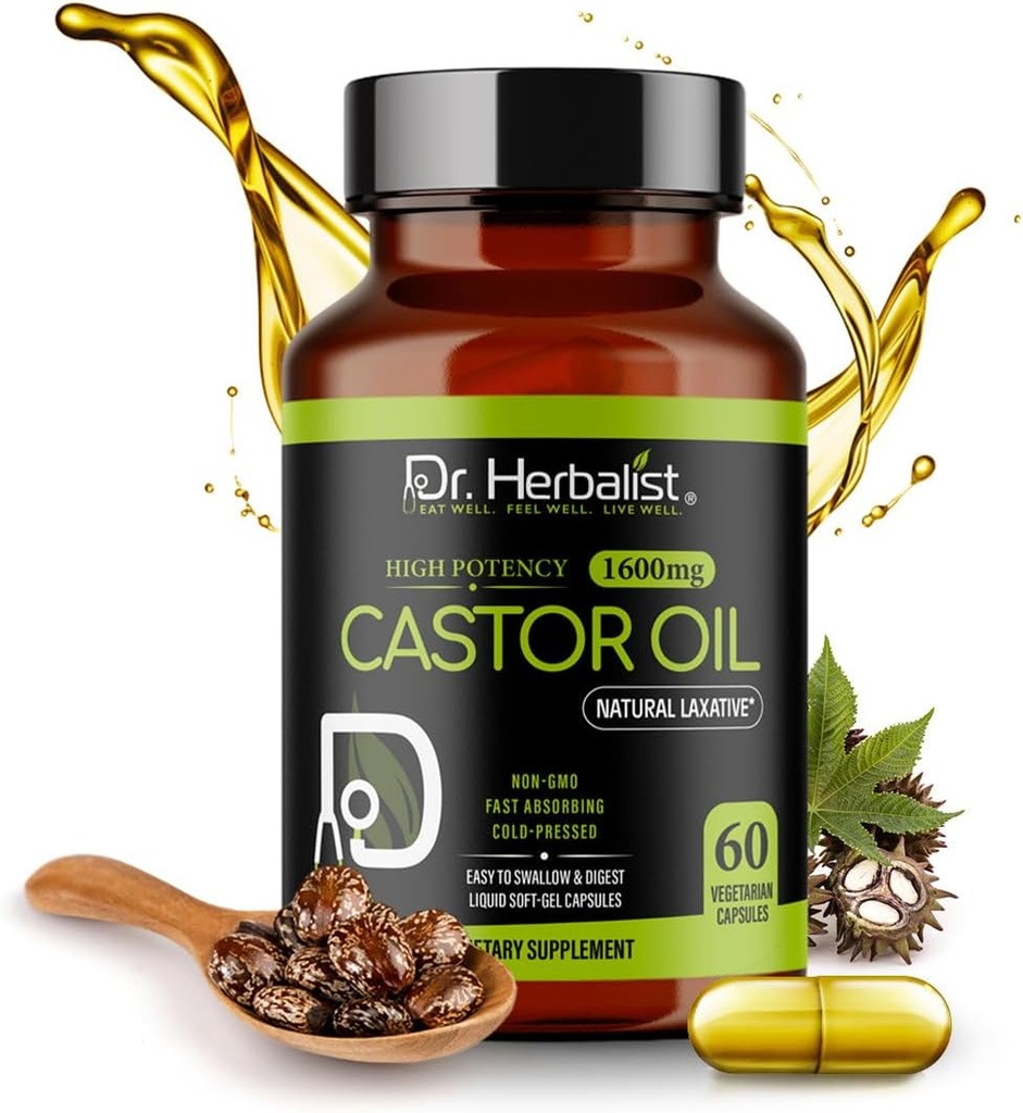 Dr. HERBALIST Castor Oil Capsules – 1600 mg per Service, 60 Count - Non-GMO, Fast-Absorbing, Vegetarian, Cold-Pressed ve High Potency - Supports Skin, Hair, Natural Laxatives and Digestive Health