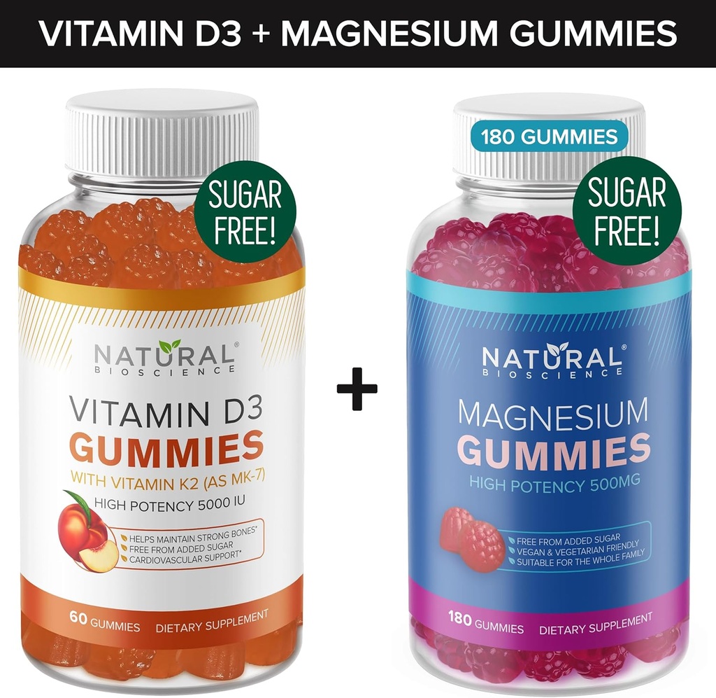 Şeker Ücretsiz Vitamin D3 K2 Gummies (60 Gummies) ve Sugar Free Ekstra Güçlü Magnezyum Gummies (180 Gummies), D3 Gummies 5000 IU+K2 MK7 80 mcg, Magnezyum Citrate Gummies 500 mg, Magnezyum Citrate Gummies 500 mg