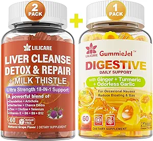 Bundle Ginger Chews Supplement Gummies for Nausea, Stomach Relief & Liver Cleanse Detox & Repair Gummies with Milk Thistle