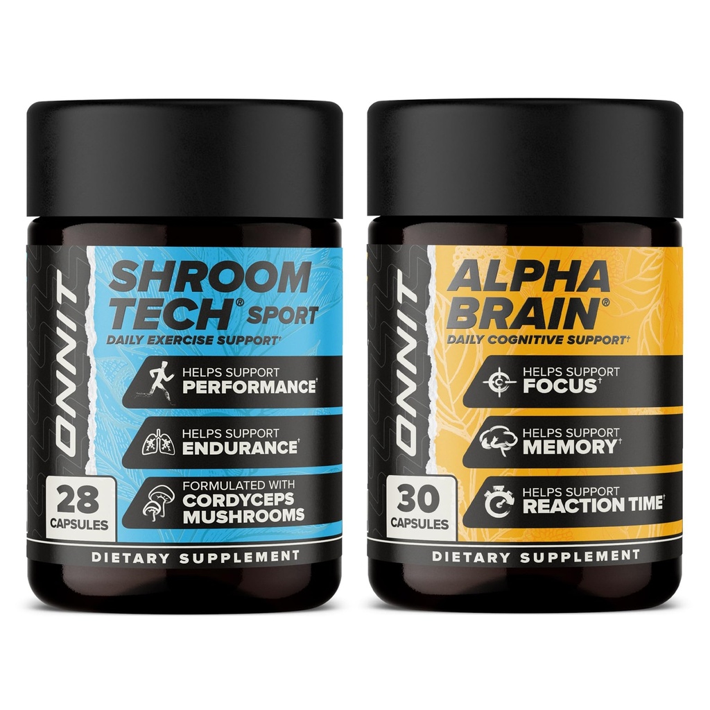 ONNIT Premium Alpha Brain Bundle - Nootropic Brain Supplement (30 Count) για Εστίαση, Συγκέντρωση & Μνήμη + Shroom Tech Sport για Άσκηση, Ενέργεια & Καρδιαγγειακή Απόδοση (28 Count)