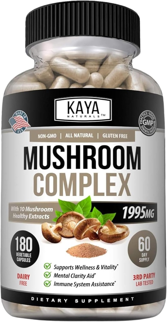 Kaya Naturals Premium Mushroom Kompleksi Potent - Mushroom Supplement - Mushroom Complex Capsules 1995mg Per Servis - Aids mentalty Supports Immune System, Wellness & Vitality - 180 Kont