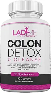 Pure Colon Cleanse & Detox 15 Day Program - Herbal Laxative Constipation Relief with Psyllium Husk, Cascara Sagrada & Senna Leaves - Special Women Intestinal Cleanser by Ladyme - 30 Capsules