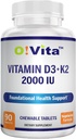 Vitamin D3 + K2 2000IU Chewable for Bone Health Support, 90 Vegetarian chewable Tablets, up to 3-Month Supply