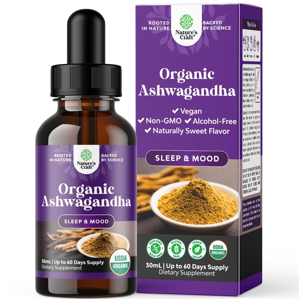USDA Organic Ashwagandha Liquid Drops - Ashwagandha Root Extract for Stress and Mood Support - Yetişkinler için Pure Adaptogen Drops - Alkol Özgür Herbal Tinctures for Rest - 30 ml Şişe