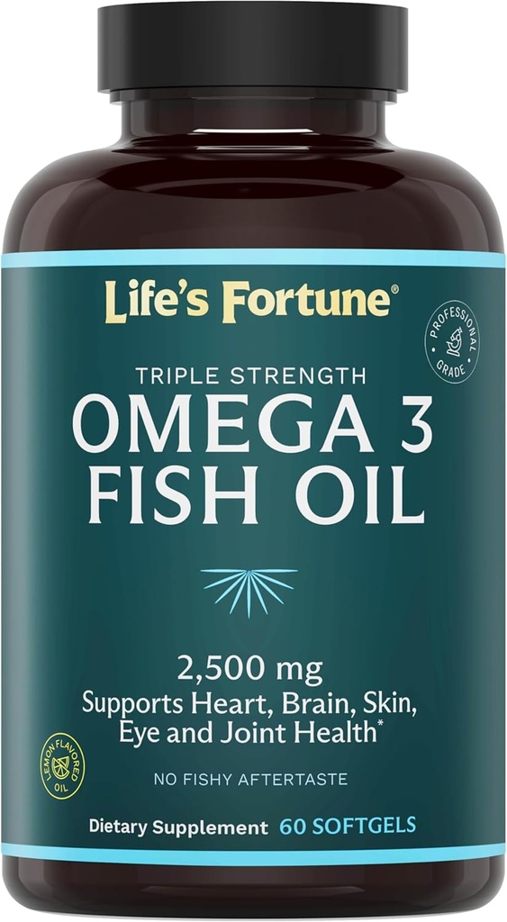 Life's Fortune Fish Oil Omega 3 Temp Supplement 2500 mg, 60 Softgels, High Potency, EPA & DHA Fatty Acid - Heart, Brain, Skin, Joints - Non GMO