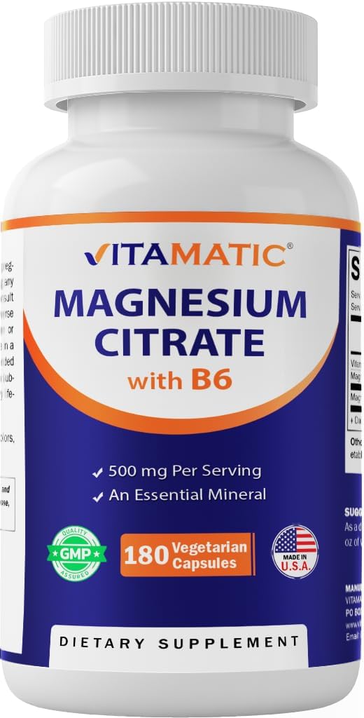 Vitamatic Magnezyum Citrate 500 mg per Service - 180 Vegetarian Capsules (Provides 150 mg of Elemental Magnezyum) - En Az Apsiyon için B6 eklendi - Destekler Kas, Ortak ve Kalp Sağlığı *