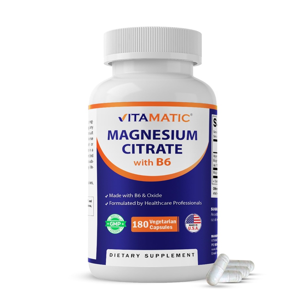 Vitamatic Magnezyum Citrate 500 mg per Service - 180 Vegetarian Capsules (Provides 150 mg of Elemental Magnezyum) - En Az Apsiyon için B6 eklendi - Destekler Kas, Ortak ve Kalp Sağlığı *
