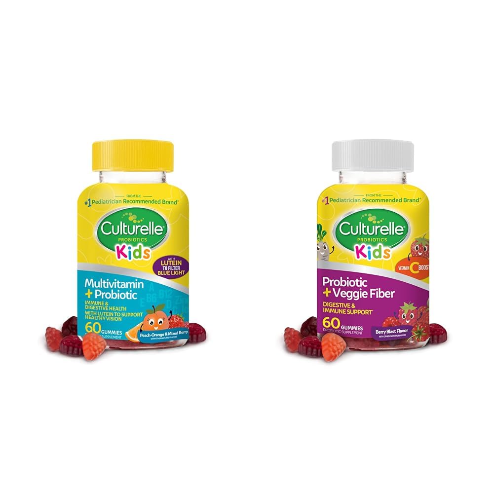 Culturelle Kids Probiyotik Gummies for Ages 2+ - Peach-Orange & Karma Berry Flavors & Daily Probiyotik for Kids + Veggie Fiber Gummies (Ages 3+) - 60 Count - Digestiveive