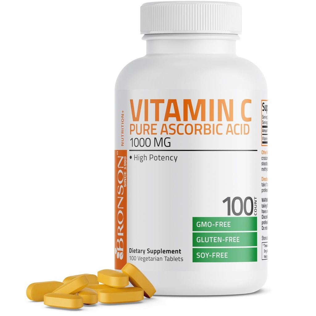 Bronson Βιταμίνη C 1000mg Premium Μη ΓΤΟ Ασκορβικά δισκία οξέος, 100 Count