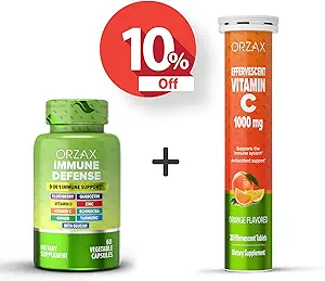 ORZAX Immune Defense 9-in-1 Supplement 60 Vegatable Capsules ve Vitamin C 1000 mg 20 Effervescant Tabletleri, Schen