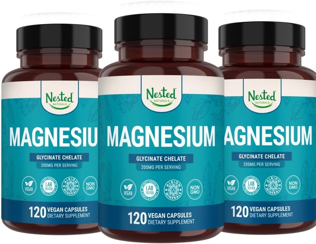 Nested Naturals Magnezyum Glycinate Chelate | Magnezyum Supplement for Muscle Cramps, Relaxation, & Sleep Support | 100% Chelated Albion TRACCS Buffered Magnezyum Glycinate 200 mg | (3-Pack)