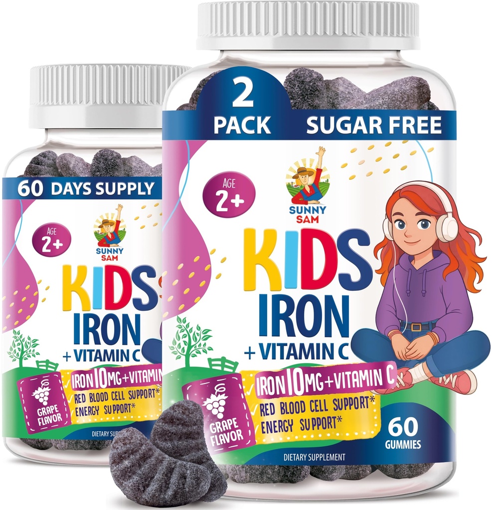 Çocuklar ve Gençler için SUN Iron Gummies - C vitamini ile 10 mg Vitamini - Immune Support için Düşük Sugar Chewable Iron Gummy Supplement, Çocuklar ve Genç Kızlar için Kırmızı Kan Hücre Üretimi Desteği