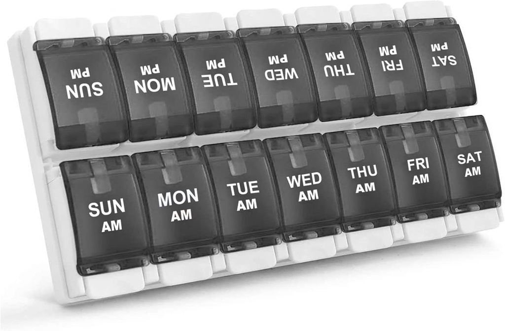 Sukuos AM PM Weekly 7 Day Pill Organizer, 2 φορές ένα κουτί χάπι ημέρα με Arhritis Φιλικό Κουμπί Push, ιατρική περιπτώσεις για βιταμίνη / Fish Oil / Συμπληρωματικά, εύκολο να καθαρίσει (Μαύρο)
