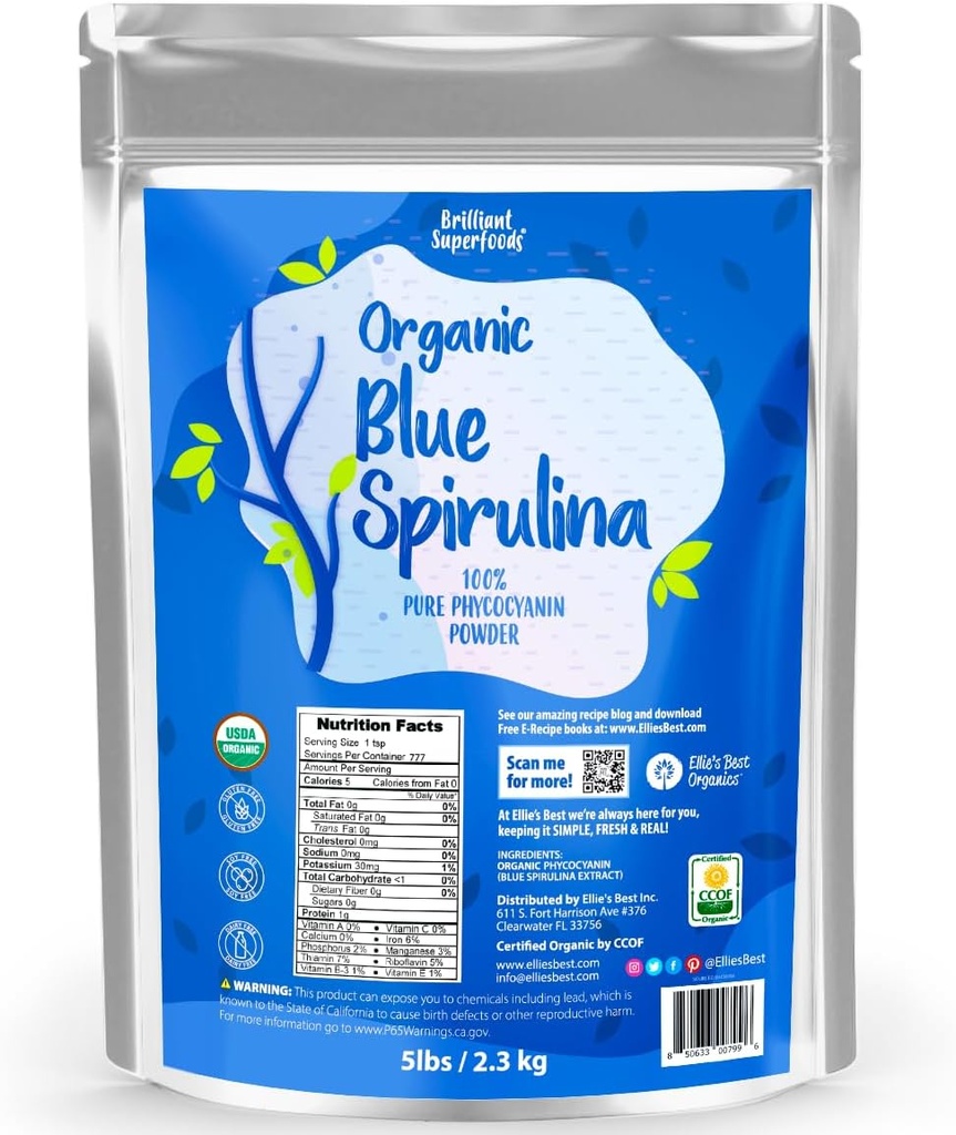 Organik Blue Spirulina Toz Superfood Supplement - 5LB Bulk - Odorless - Vegan, GMO, Gluten-Free, Dairy-Free, Brilliant Blue Food Coloring - Pure Water Extracted
