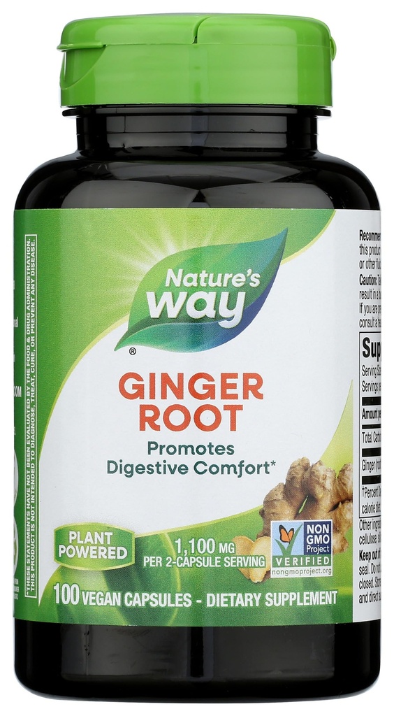 Nature's Way Ginger Root, Discovers Digestive Comfort*, 1,100 mg Per 2Capsule Service, Non-GMO Project  Valid, Vegan, 100 Capsules