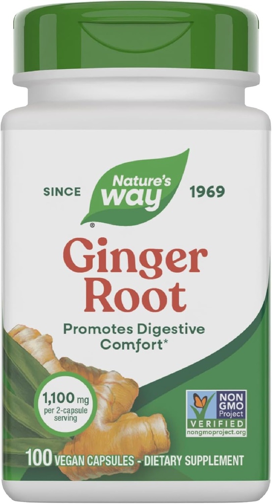 Nature's Way Ginger Root, Discovers Digestive Comfort*, 1,100 mg Per 2Capsule Service, Non-GMO Project  Valid, Vegan, 100 Capsules