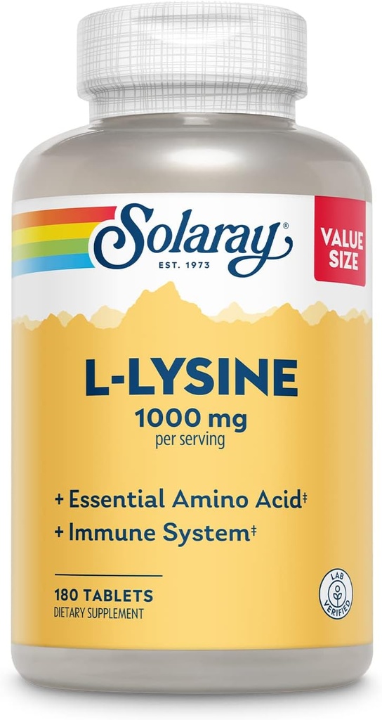 SOLARAY L-Lysine, Free-Form 1000 mg, Essential Amino Asit Immune Support Supplement with C 1000 mg and çinko 25 mg, Value Boyut, Lab TY, 60 Günlük Garanti, 60 Hizmet, 180 Tabletler, 60 Paketler,