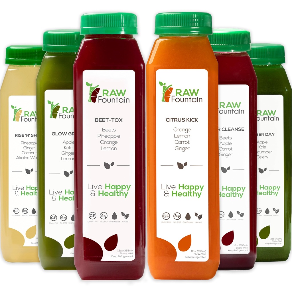 1 Day Juice, Raw Fountain, All Natural Raw Detox Cleanse, Body reset için Juicing, Cold Pressed Juice Fast, Great Way to Jumpstart a sağlıklı Diyet 6 Şişes 12oz, 3 Ginger Shots