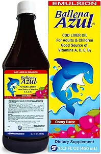 Ballena Azul Aceite de Hígado de Bacalao para Yetişkinos y Niños, yetişkinler ve Çocuklar için COD Liver Oil,Vitamins A,D,E, B1, Diyet Supplement, Omega 3, Inmune System Boost, Cherry (Cherry 15 OZ)