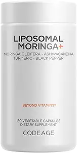 Codeage Liposomal Moringa+ Supplement, 400mg Moringa 50:1 Extract - 20.000mg Moringa Oleifera Leaf Ισοδύναμο - Turmeric, Ashwagandha, Black Pepper, 3-Month Supply, Vegan Moringa σκόνη - 180 κάψουλες