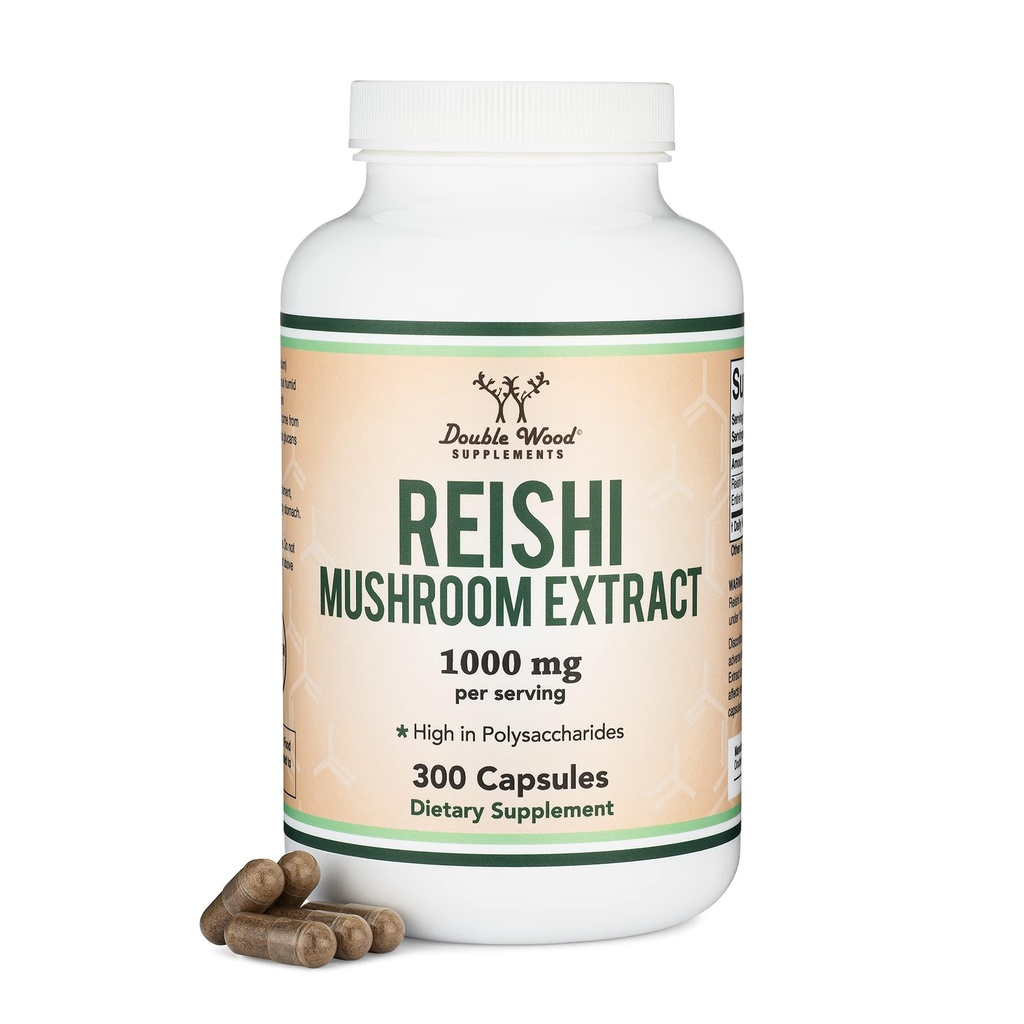 Reishi Mushroom Capsules (4:1 Ganoderma Extract, 1,000mg Red Reishi Powder per Serving) 300 Count, 5 Month Supply, Potent Mushroom Supplement for Immune System Support and Defense by Double Wood