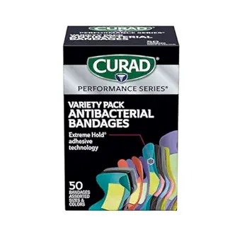 CURAD Performans Serisi IRONMAN Antibacterial Bandages, Extreme Hold Prestige Technology, Finger & Knuckle Bandages, Flex Fabric, Diversity Pack with Assorted Dimensions & Colors, 50 Count