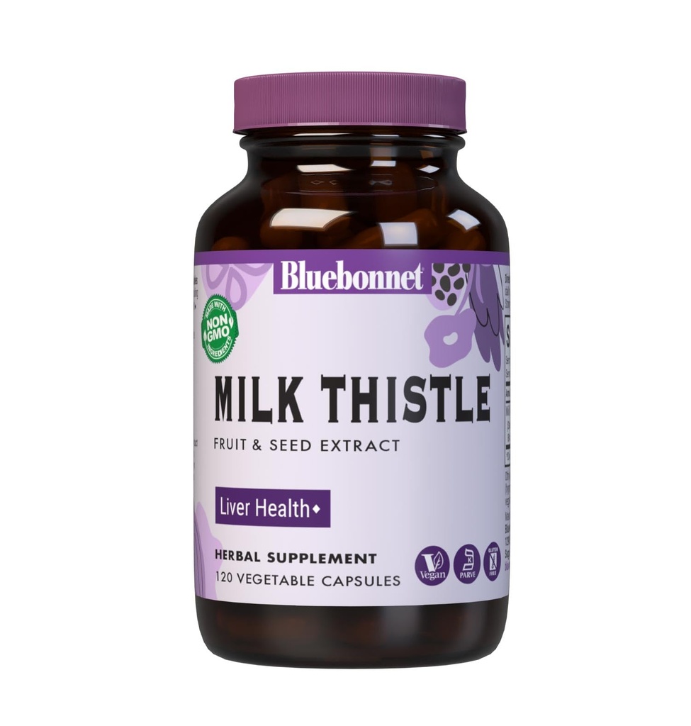 BlueBonnet Nutrition Milk Thistle Fruit & Seed Extract, Liver Health*, Μη ΓΤΟ, Vegan, Kosher Certified, Χωρίς γλουτένη, Χωρίς σόγια, 120 κάψουλες λαχανικών, 120 σερβιρίσματα