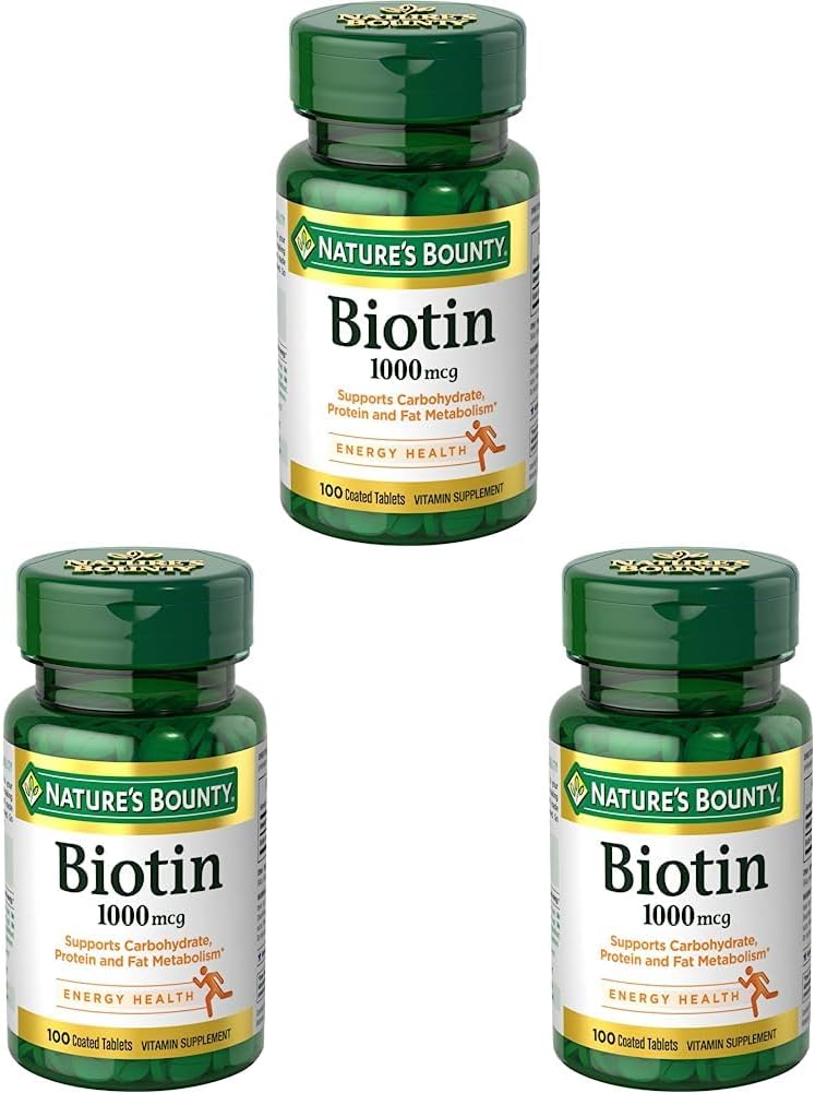 Nature's Bounty Biotin, Vitamin Supplement, Supports Metabolism for Cellular Energy andhealth Hair, Skin, and Nails, 1000 mcg, 100 Tablet (Paketi 3)