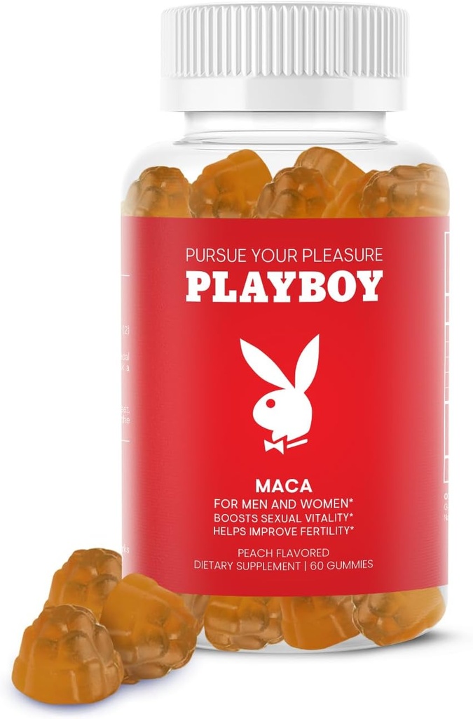 Playboy - Maca Root Gummies για γυναίκες και άνδρες (60 Count - Ροδάκινο Γεύση) - Ενίσχυση της σεξουαλικής ζωτικότητας, Libido, Γονιμότητα - Maca Gummies Συμπλήρωμα - 100% Φυσικό, Vegan Non GMO - 4:1 Extract Maca Peruana