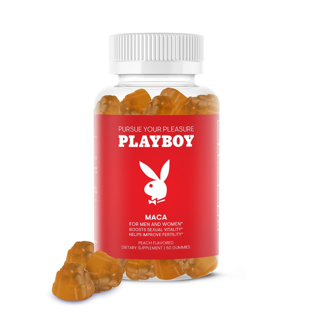 Playboy - Maca Root Gummies for Women and Men (60 Kont - Peach Flavored) - Cinsel Vitality, Libido, Fertness - Maca Gummies Supplement - 100% Natural, Vegan Non GMO - 4:1 Extract Maca Peruana