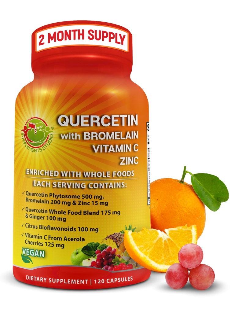 Quercetin με Bromelain Βιταμίνη C και ψευδάργυρο Εμπλουτισμένο με Βιολογικά Ολόκληρα Τρόφιμα - 1215mg ανά Σερβίρισμα - Quercetin Phytosome 500mg Κάψουλες με Ginger και Flavonoids για Ανοσολογική Υποστήριξη - 120 Count