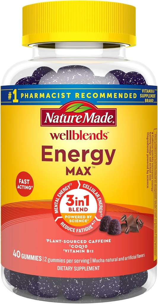 Doğa Made Wellblends EnergyMAX Gummies, Fast Acting Caffeine, CoQ10 & Vitamin B12 1000 Telefon, Enerji Destek Gummy Vitaminleri, 40 Gummies