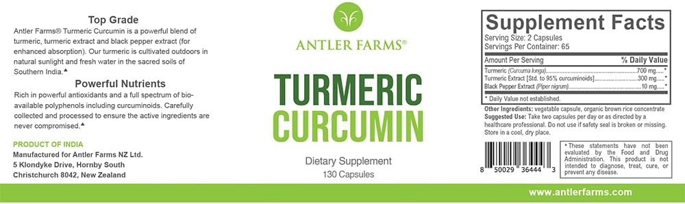 Antler Farms –% 100 Pure Turmeric Curcumin, 130 Capsules,% 95 Curcuminoids & Black Pepper Extract, Geliştirilmiş Abpsiyon – Vegan, GMO, No Gluten, Soy veya Süt