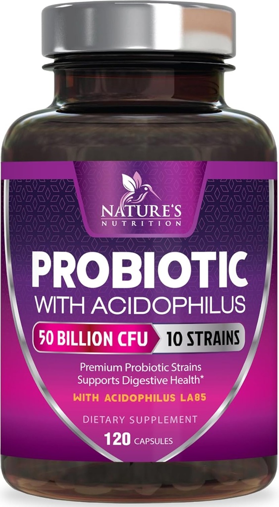 Probiyotiks 50 Milyar CFU per Service - 10 Strains + Prebiyotiks - Digestive Health, Gut & Immune Support - Supports Occasional Constipation, Gas & Bloating for Women & Men Raf Stable - 120 Capsules