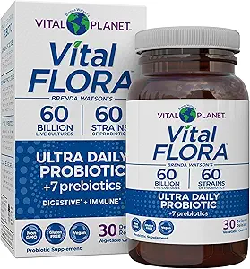 Vital Planet - Vital Flora Ultra Daily Probiotic 60 Billion CFU, Diverse Strains, Organic Prebiotics, Immune Support, Bloating Relief, Digestive Health Probiotics για γυναίκες και άνδρες 30 Κάψουλες