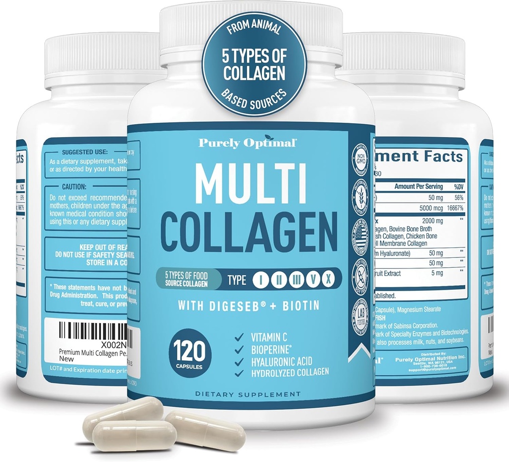 Premium Multi Collagen, (Types I, II, II, V, X) - Cilt Bakımı için Collagen Pills, Saç Büyümesi, Nails & Ortaklar - C, Hyaluronic Asit, Biotin, Gluten Free - 120 Collagen Capsules