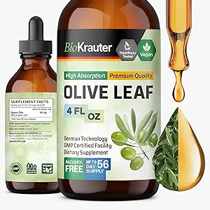 BIO KRAUTER Olive Leaf Extract Liquid - Olive Leaf Βάμμα για την Ανοσολογική Υποστήριξη - Αλκοόλ και Ζάχαρη Χωρίς - Vegan Drops 4 Fl.Oz.