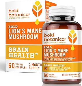 Bold Botanica Lion's Mane Mushroom Capsules - 100% Meyveli Vücut – Organik Aslan'ın Maneksiyonları – Nootropic Brain Health – Memory, Mood, Immune Support – 60 Vegan Capsules