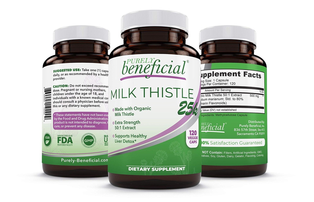 PURELY faydalı Organik Süt Butle Capsules, 50:1 Süt Butle Ekstraksiyon, Silybum Marianum 25000 mg Strength, Liver Cleanse & Antioxy Support, 120 Veg Capsules, Vegan & Non-GMO