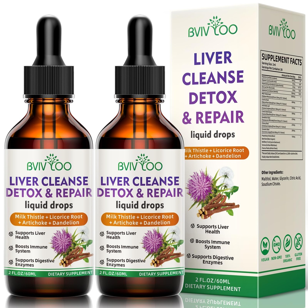 2 Πακέτο Liquid Drops για την υγεία του ήπατος - 2000mg Milk Thistle, Dandelion Root, Artichoke, Silymarin Extract, & Turmeric Herbs - Vegan, Non-GMO - 4 Fl Oz (120ml)