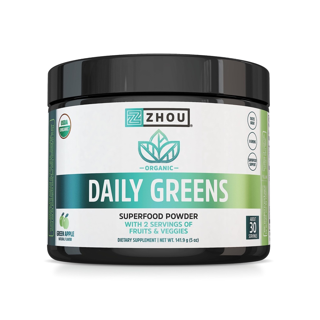 ZHOU Beslenme USDA Organik Supergreens Toz, Superfood Smoothie Juice Mix, Spirulina, Chlorella, Wheatgrass, Kale, Fiber, Immune ve Enerji Desteği, Vegan, Non-GMO, 30 Hizmet