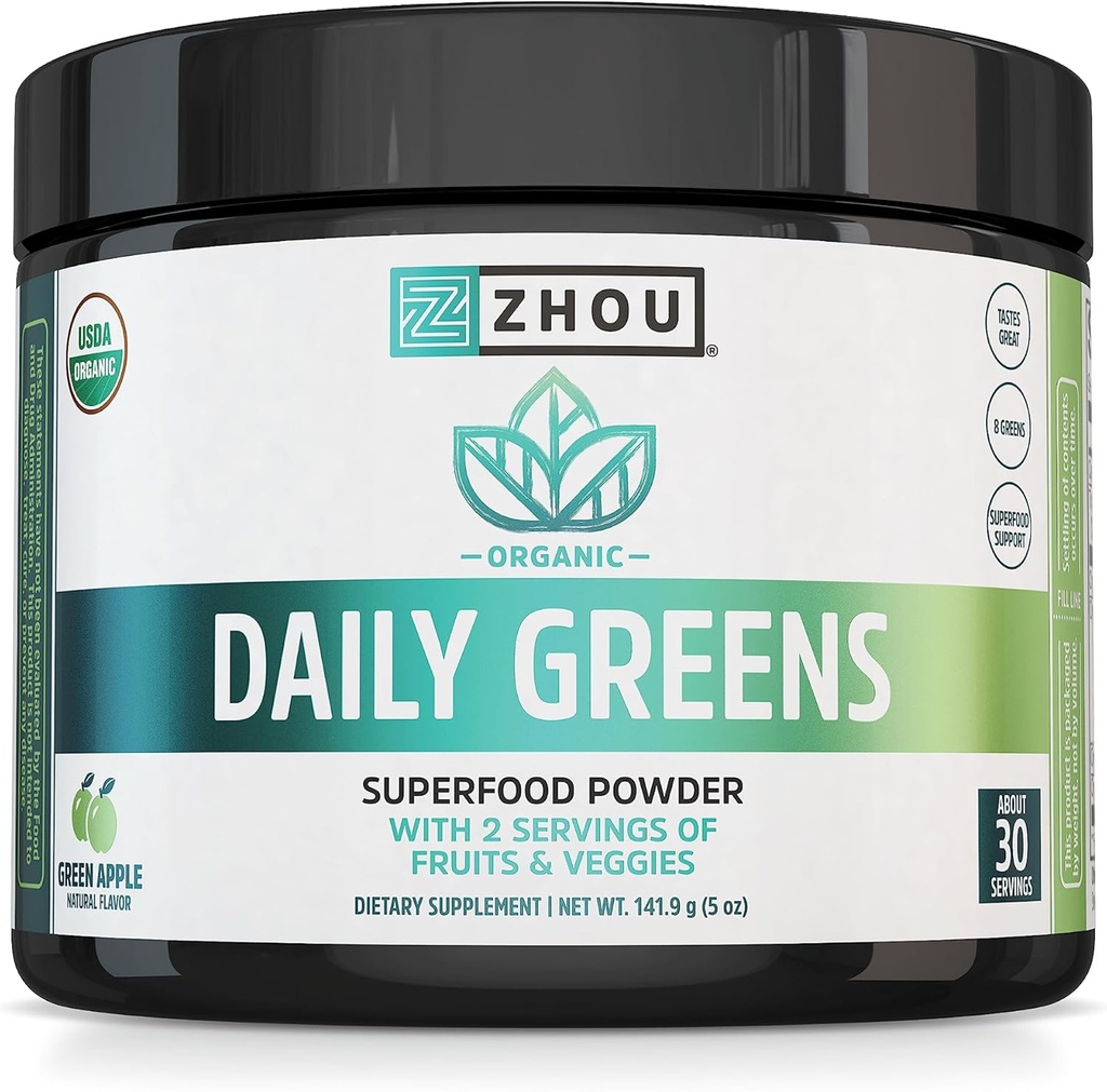 ZHOU Beslenme USDA Organik Supergreens Toz, Superfood Smoothie Juice Mix, Spirulina, Chlorella, Wheatgrass, Kale, Fiber, Immune ve Enerji Desteği, Vegan, Non-GMO, 30 Hizmet