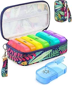 Haftalık Pill Organizer 7 Day 2 Times a Day with Maple-Leaf Bas Bag, AMOOS AM PM Pill Holder with Lightproof Canvas Bag, BPA-Free Large Pill Box Case for Vitamin, Supplement, Drug, Fish Oil Oil