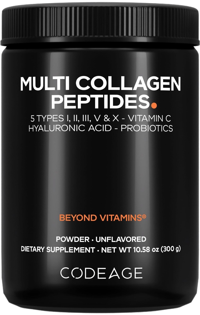 Kodaj Multi Collagen, Toz + Probiyotiks Black Edition, C, Hyaluronic Acid Toz Supplement, Grass-Fed, Hydrolyzed, Zero Carbs, Tip I, II, III, V & X, Unflavored, 10.58oz
