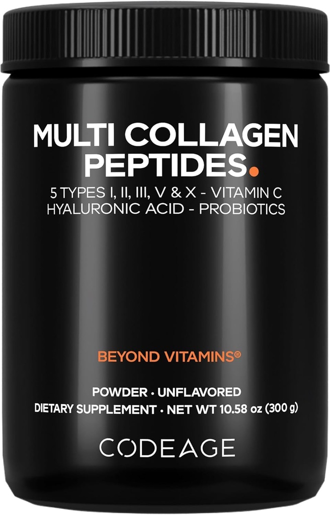Kodaj Multi Collagen, Toz + Probiyotiks Black Edition, C, Hyaluronic Acid Toz Supplement, Grass-Fed, Hydrolyzed, Zero Carbs, Tip I, II, III, V & X, Unflavored, 10.58oz