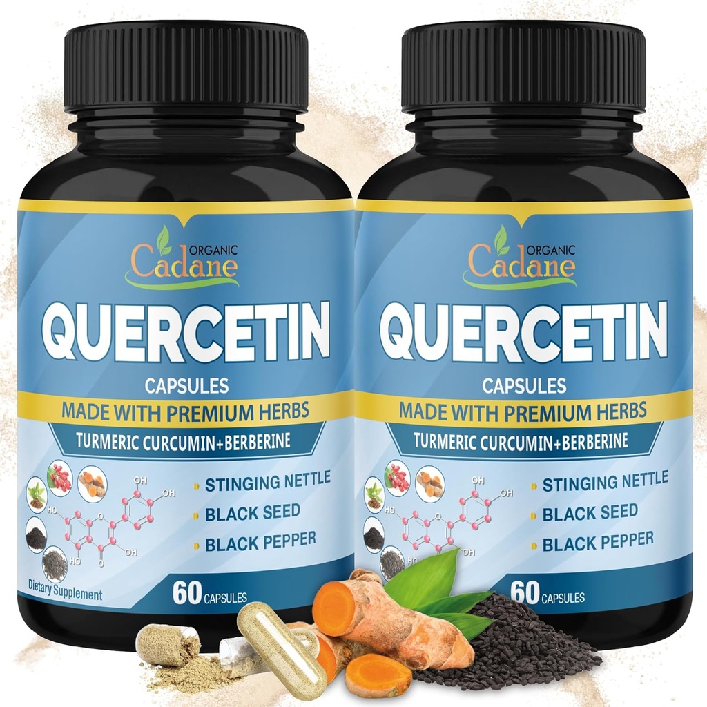 Organik Cadane 2 Packs Quercetin Supplements Capsules, 6in1 with Turmeric, Berberine, Sting Nettle, Black Seed, Black Pepper - Supports Immune System - 4 Ay Supply