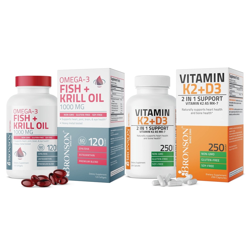 Bronson Vitamin K2 (MK7) D3 Tamam Omega-3 Fish + Krill Oil 1000 MG