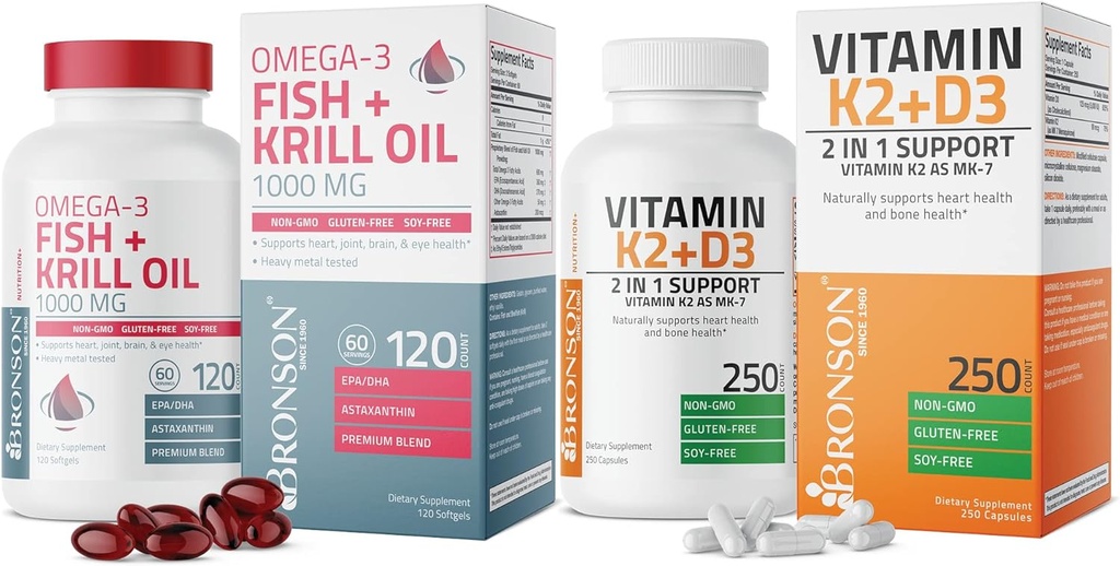 Bronson Vitamin K2 (MK7) D3 Tamam Omega-3 Fish + Krill Oil 1000 MG