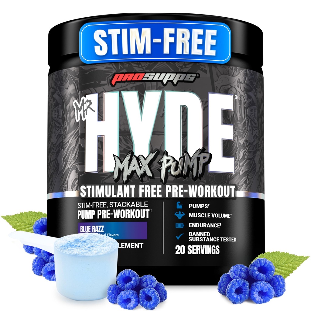 PROSUPPS Bay Hyde Max Pump Pre Workout Toz - Stim-Free Preworkout Supports Blood Flow, Muscle Volume & Endurance - Caffeine-Free Nitric Fitness Gym & Fitness Supplements (Mavi Razz, 20 hizmet)