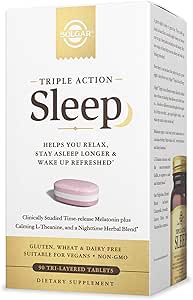 Solgar Triple Action Sleep, 60 Tri-Layer Tablets - Time-Release Melatonin & L-Theanine Plus Herbal Blend - Helps You Relax, Fall Asleep Fast & Stay Asleep Longer - Non-GMO, Gluten Free - 60 Servings